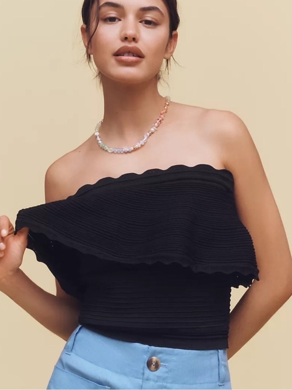 NWT Anthropologie Knit Ruffle Strapless Tube Top Womens XL Black